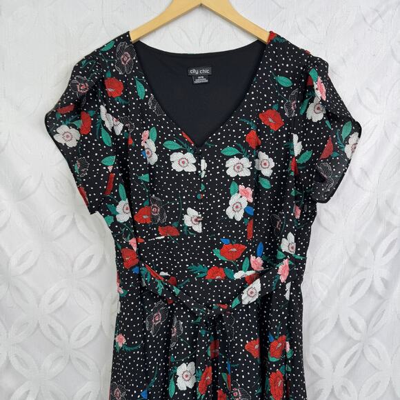 City Chic Rockabilly Polka Dot Red Floral Dress Women's Plus Size M/18 - Picture 3 of 7